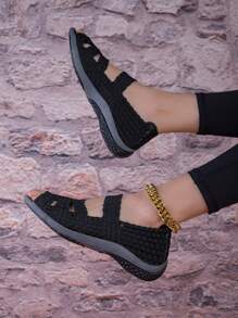 Women's Handmade Crochet Hollow Elastic Band Sandals, Open Toe Breathable Non-Slip Comfortable Flat Casual Shoes, Fashionable Versatile Sneakers For Work - Black - View 3