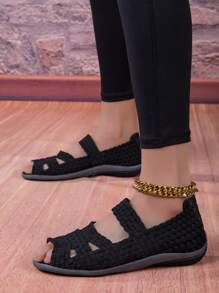 Women's Handmade Crochet Hollow Elastic Band Sandals, Open Toe Breathable Non-Slip Comfortable Flat Casual Shoes, Fashionable Versatile Sneakers For Work - Black - View 5