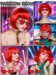 Perruque Bob aux couleurs pastel vibrantes, assortie avec des lunettes de soleil en forme de cœur colorées et sans cadre pour femmes. À porter au quotidien, pour la Saint-Patrick, Halloween, la Saint-Valentin ou des fêtes costumées. Cheveux courts et droits