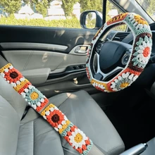 onEternal 1 Handmade Crochet Colorful Floral Pattern Steering Wheel Cover + 2pcs Seatbelt Covers Car Interior Decor Set - Multicolor - View 1
