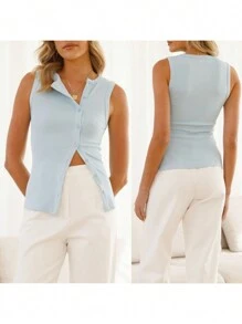 Camisetas sin mangas acanaladas para mujer, camisa informal de verano de color sólido con botones, sin mangas, chaleco básico, ropa estética para ropa de calle - azul cielo - Ver 2
