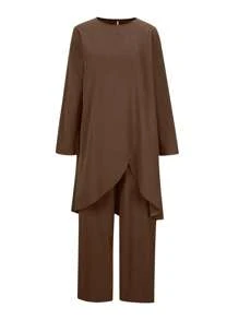 Women's Solid Color Long Sleeve Top And Pants Casual Arabic Style Set, Modest - Coffee Brown - View 2
