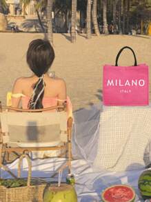 1 Set Linen Tote Bag & Pouch, Includes 1 "Milano Italy" Printed Tote Bag And 1 Printed Pouch, Personalized Gift Packaging, Coarse Linen Tote Bag - Hot Pink - View 8