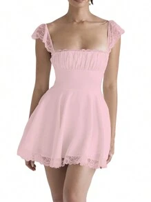 Womens Vintage A-Line Dress, Short Sleeve Ruched Bust Solid Color Flowy Mini Dress - Pink - View 1
