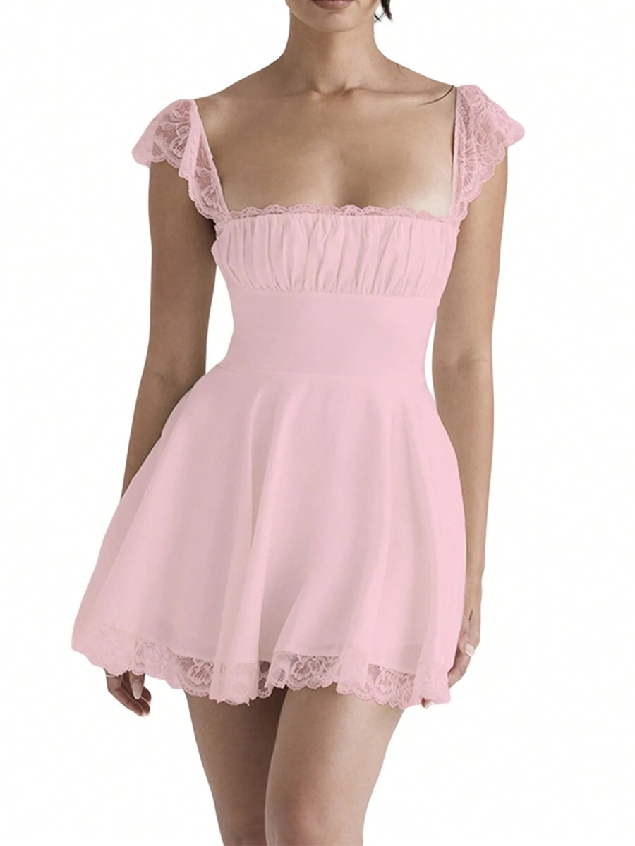 Womens Vintage A-Line Dress, Short Sleeve Ruched Bust Solid Color Flowy Mini Dress - Pink - View 1