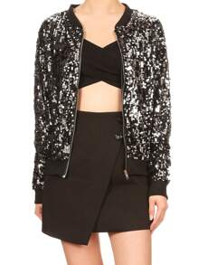 Chaqueta de manga larga con cremallera frontal y puños acanalados, con lentejuelas, para mujer, ideal para fiestas - Negro+plata - Ver 1
