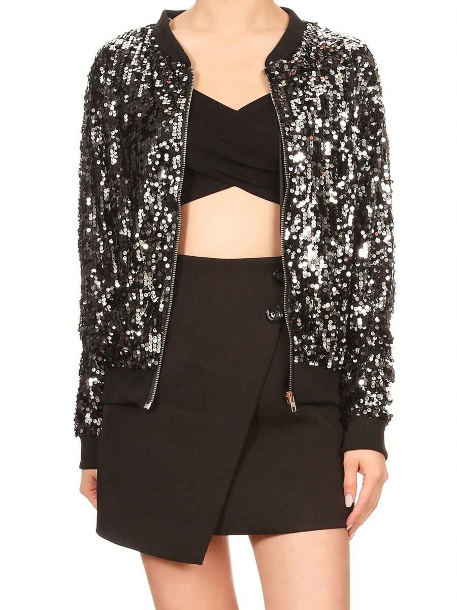 Chaqueta de manga larga con cremallera frontal y puños acanalados, con lentejuelas, para mujer, ideal para fiestas - Negro+plata - Ver 1