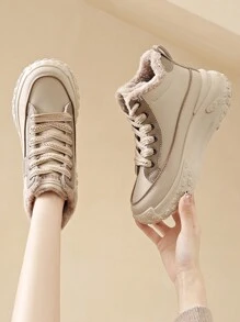 Women Sneakers Snow Boots New Plush Warm Shoes Fashion Cold Proof Thick Soled Lace Up Increases Height Non-Slip Boots