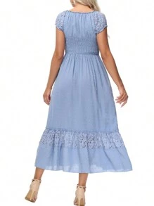 Renaissance Peasant Maiden Boho Inspired Cap Sleeve Lace Trim Maxi Dress - Màu xanh da trời - Xem 2