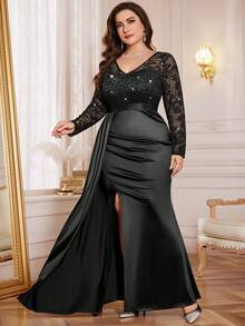 Plus V Neck Sequin Lace Contrast Draped Front Ruched Split Hem Satin Formal Party Long Dress, Wedding Guest Dress, For Graduation, Homecoming, Festivals - màu đen - Xem 3