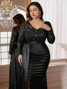 Plus V Neck Sequin Lace Contrast Draped Front Ruched Split Hem Satin Formal Party Long Dress, Wedding Guest Dress, For Graduation, Homecoming, Festivals - màu đen - Xem 7