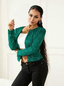 Women Sequin Jacket Solid Color Long Sleeve Open Front Crop Cardigan For Club Party - Dark Green - View 7