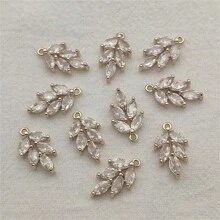5pcs Copper Zirconia Stone Leaf Pendant Charms, DIY Necklace Earring Tassel Jewelry Accessories