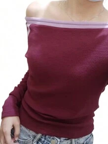 Women Y2K Off The Shoulder Shirts Tops Vintage Long Sleeve Contrast Color T-Shirts Sexy Slim Fit Going Out Crop Tops Vintage Aesthetic Clothes Streetwear - 紫色 - 查看 4