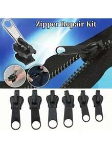 通用设计、多种尺寸的即时拉链修理套件，替换拉链，通用金属拉链替换拉链滑块，适用于拉链头 DIY 手工裁缝缝纫配件（颜色：黑色），1 套包含六个、三个尺寸