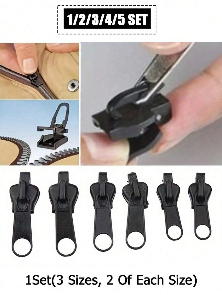 通用设计、多种尺寸的即时拉链修理套件，替换拉链，通用金属拉链替换拉链滑块，适用于拉链头 DIY 手工裁缝缝纫配件（颜色：黑色），1 套包含六个、三个尺寸