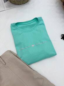 Women's Cotton T-Shirt Blouse Two Straight Lines Of Small Hearts In Simple Style - 綠色 - 查看 2