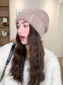 1 szt. Damska jednokolorowa dzianinowa czapka, jesienno-zimowa wiatroszczelna ciepła ochrona uszu gruba dzianinowa czapka, elegancka ozdoba z kryształkami, ciepła dzianinowa czapka, odpowiednia na wycieczki, narciarstwo, do codziennego użytku