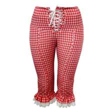 Women Capri Pants Lace Ruffles Front Cross Tie-Up Summer Casual Cropped Pants Stretch Crop Leggings - 紅色 - 查看 2