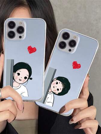 2pcs Matching Cartoon Paint Transparent Couple Hide-And-Seek Heart Cover Case Compatible With Iphone Series