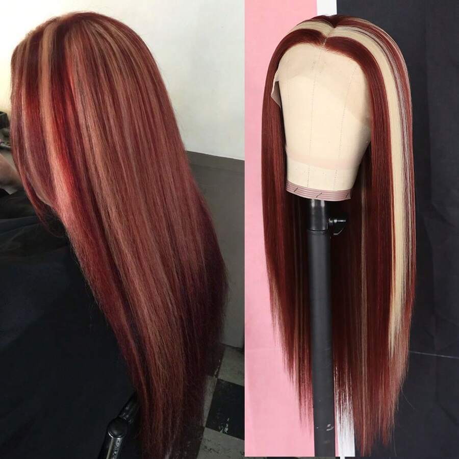 26Inch Highlight Color Synthetic Lace Front Wigs Gorgeous Heat Resistant Glueless Long Straight Synthetic HD Lace Wigs For Fashion Women Girls 13x4 Lace Wig Party Cosplay Daily Wear - Màu dương cầm - Xem 1