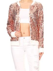 Chaqueta de manga larga con cremallera frontal y puños acanalados, con lentejuelas, para mujer, ideal para fiestas - Oro rosa - Ver 1