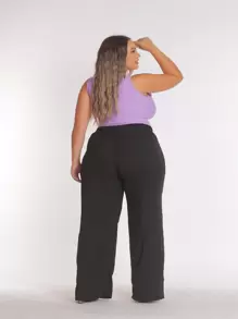 PLUS SIZE PANTS, WIDE LEG, HIGH WAIST WITH ELASTIC DUNA FABRIC - 黑色 - 查看 4