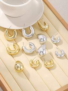 1 对简约纯色几何 C 形耳钉，经典泪珠吊坠耳环套装，女士日常百搭珠宝和派对/约会配饰 - 款式1 - 查看 2