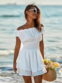 Vestido corto estilo minifalda de verano para mujer, con hombros descubiertos, volantes y vuelo, para la playa y el uso diario - Blanco - Ver 5