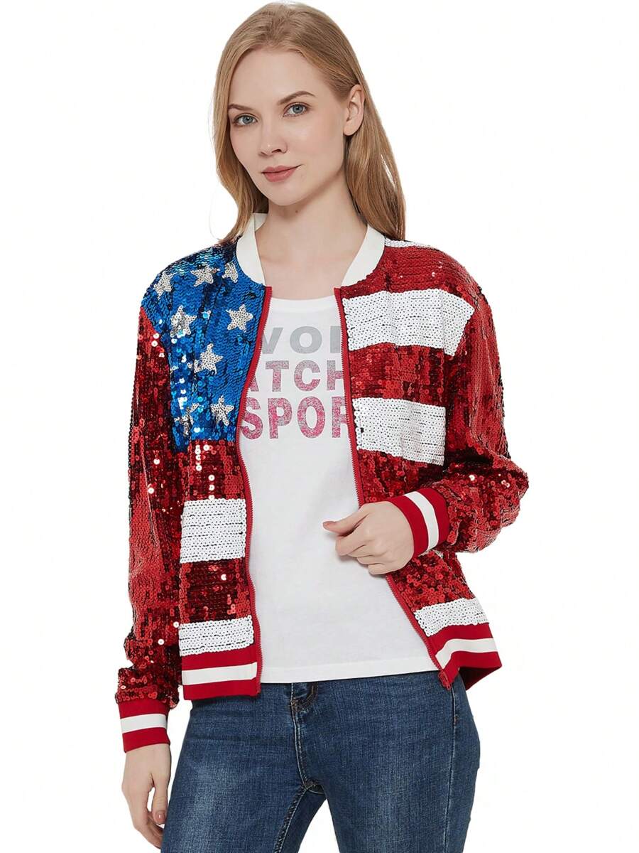 Chaqueta de manga larga con cremallera frontal y puños acanalados, con lentejuelas, para mujer, ideal para fiestas - Bandera de EE.UU. - Ver 1