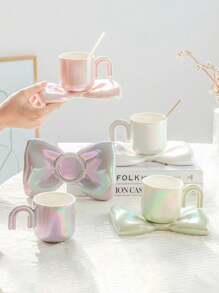 Set de 3 tazas de café y platitos de cerámica con diseño creativo de abalorios chapados de colores y moños