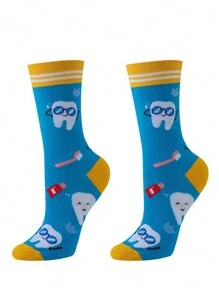 3 Pairs Cartoon Tooth Pattern Mid-Calf Socks For Women, Random Assortment - Multicolor - View 6