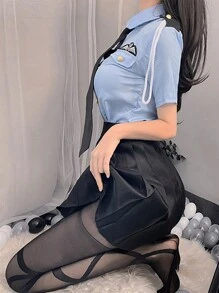 1 Set (Top*1 + Skirt*1) Valentine's Day Stewardess Costume Role Play Secretary (Suggested Weight 80-120 Lbs), Elegant Blue Flight Attendant Uniform, Suitable For Masquerade Ball, Bar Party, Club Outfit, Party Role Play (Excluding Socks) Halloween