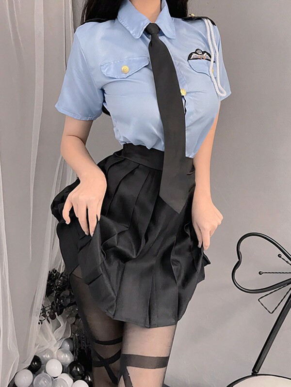 1 Set (Parte superiore*1 + Gonna*1) Costume da hostess per San Valentino, Ruolo di segretaria, (Peso consigliato 80-120 libbre), Uniforme elegante blu da assistente di volo, Adatto per ballo in maschera, festa al bar, outfit da club, gioco di ruolo per feste (esclusi calzini) Ognissanti