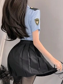 1 Set (Top*1 + Skirt*1) Valentine's Day Stewardess Costume Role Play Secretary (Suggested Weight 80-120 Lbs), Elegant Blue Flight Attendant Uniform, Suitable For Masquerade Ball, Bar Party, Club Outfit, Party Role Play (Excluding Socks) Halloween