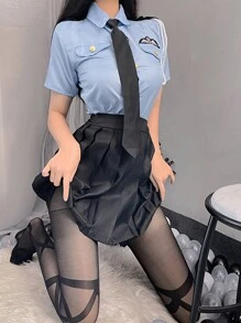1 Set (Top*1 + Skirt*1) Valentine's Day Stewardess Costume Role Play Secretary (Suggested Weight 80-120 Lbs), Elegant Blue Flight Attendant Uniform, Suitable For Masquerade Ball, Bar Party, Club Outfit, Party Role Play (Excluding Socks) Halloween