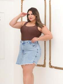 Plus Size Jeans Skirt Shorts With Lycra High Waist Frayed Hem - Rửa nhẹ - Xem 4