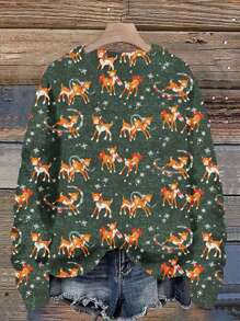 Rundhals-Pullover mit digitalen Drucken, grüner Pullover mit Weihnachtsreh-Muster, modischer leichter Lässig-Pullover mit Allover-Muster, Herbst/Winter