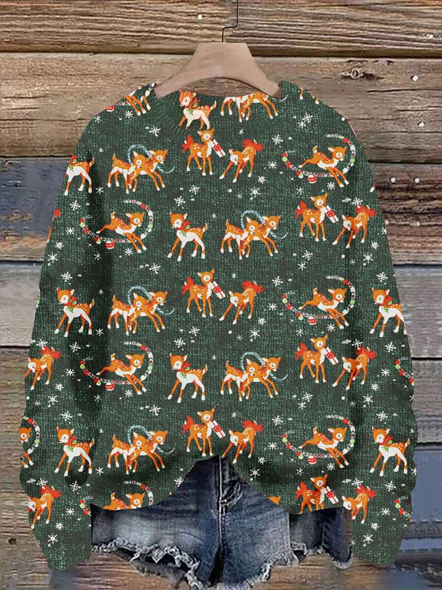 Rundhals-Pullover mit digitalen Drucken, grüner Pullover mit Weihnachtsreh-Muster, modischer leichter Lässig-Pullover mit Allover-Muster, Herbst/Winter
