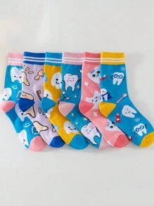 3 Pairs Cartoon Tooth Pattern Mid-Calf Socks For Women, Random Assortment - Multicolor - View 3