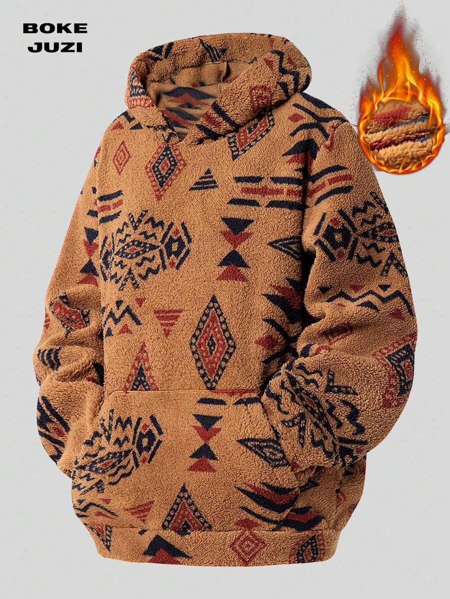 Men's Totem Print Kangaroo Pocket Sherpa Fleece Hooded Sweatshirt, Men's Teddy Fleece Geometric Pattern Long Sleeve Pullover Sweater - Coffee Brown - View 1