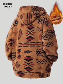 Men's Totem Print Kangaroo Pocket Sherpa Fleece Hooded Sweatshirt, Men's Teddy Fleece Geometric Pattern Long Sleeve Pullover Sweater - Coffee Brown - View 2