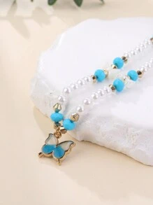 儿童项链套装甜美仿珍珠串珠蝴蝶项链手链戒指 3 件套适合女孩日常佩戴 - 蝴蝶 - 查看 3