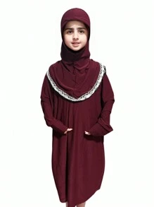 女童/儿童红色水晶亚麻大披肩，蕾丝花边头巾，弹性舒适，适合日常佩戴。穆斯林/阿拉伯风格蕾丝头巾，适合女童、青少年、女孩 - 红色 - 酒紅色 - 查看 3