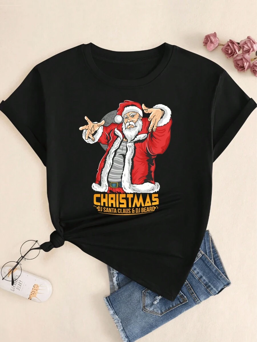 Women's Christmas Cotton T-Shirt Modern Classic Style Breathable Blouse Comfort Summer - màu đen - Xem 1