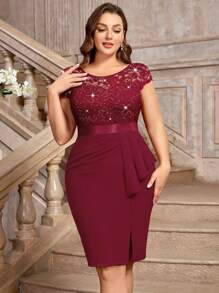 Plus Sequin Lace Bodice Ruffle Split Thigh Wrap Hem Cocktail Party Bodycon Dress, Valentine's Day Dress, Summer Dress, Evening Party Dress, Graduation Dress, For Birthday, Wedding Guest, Homecoming - Red - View 6
