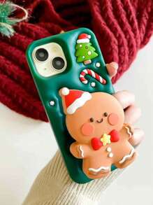 苹果新款创意卡通硅胶圣诞姜饼人手机支架适用于 iPhone 12/13/14/15/16 Pro Max，个性化全覆盖防摔手机壳和保护套 - 彩色 - 查看 4