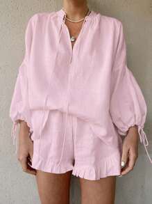 Women Summer Shorts Outfits Solid Color Long Sleeve Tie-Up V-Neck Shirts Tops Elastic Waist Shorts 2 Pieces Clothes Set - 粉色 - 查看 1