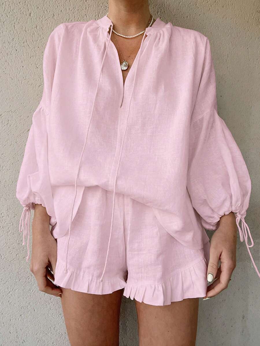 Women Summer Shorts Outfits Solid Color Long Sleeve Tie-Up V-Neck Shirts Tops Elastic Waist Shorts 2 Pieces Clothes Set - 粉色 - 查看 1