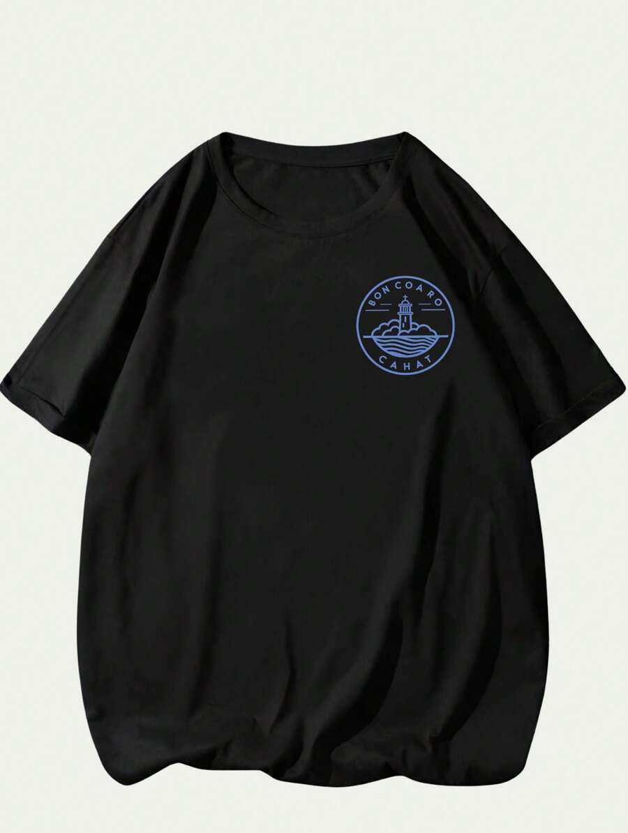 Men's Cotton T-Shirt Ship Text Premium Comfort Printed Breathable Soft Summer - 黑色 - 查看 1